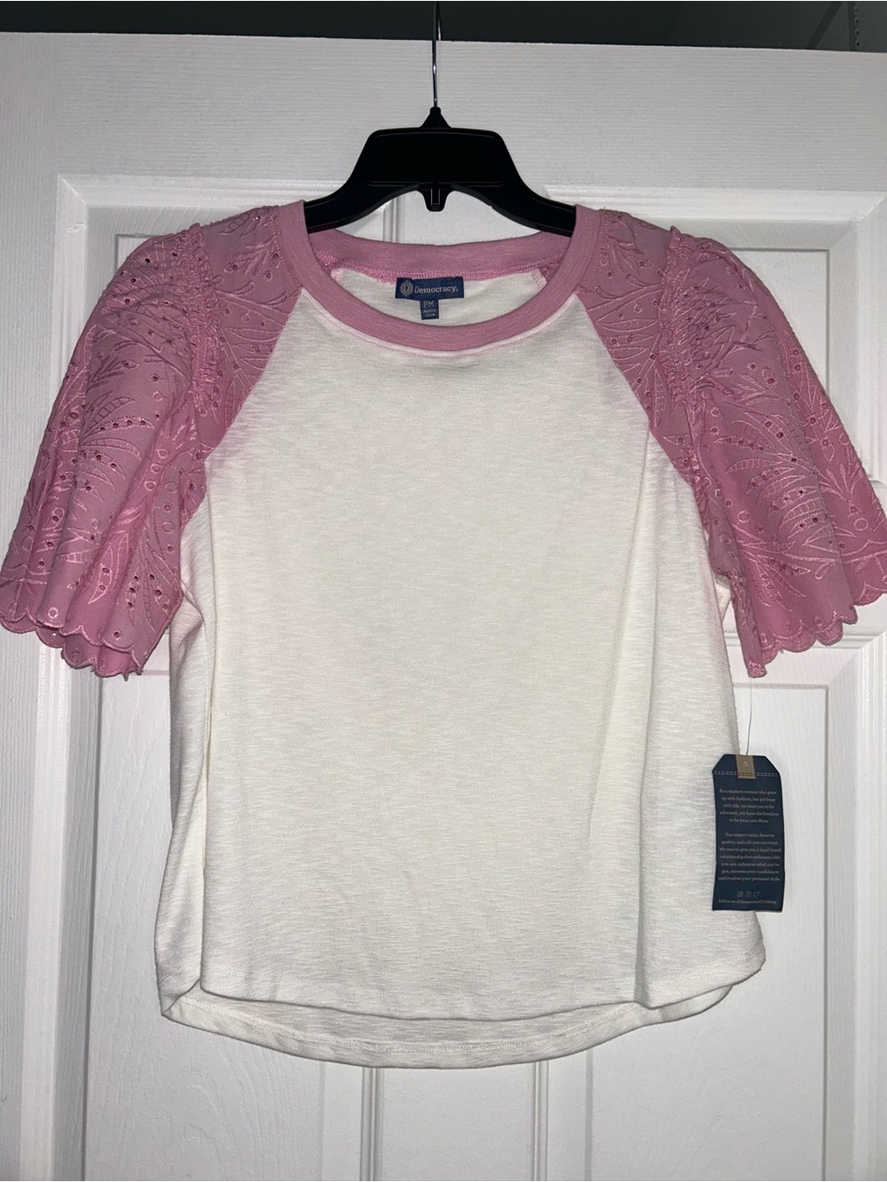 Democracy White Tee with Pink Eyelet Puff Sleeves
